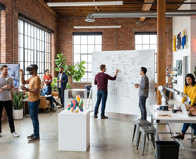 Creative team brainstorming around a table in a modern office
